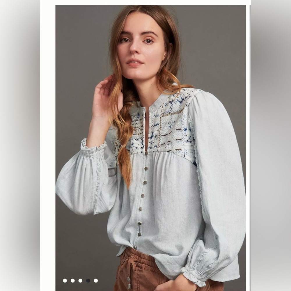 Light Blue Crochet Yoke Button-Down Blouse